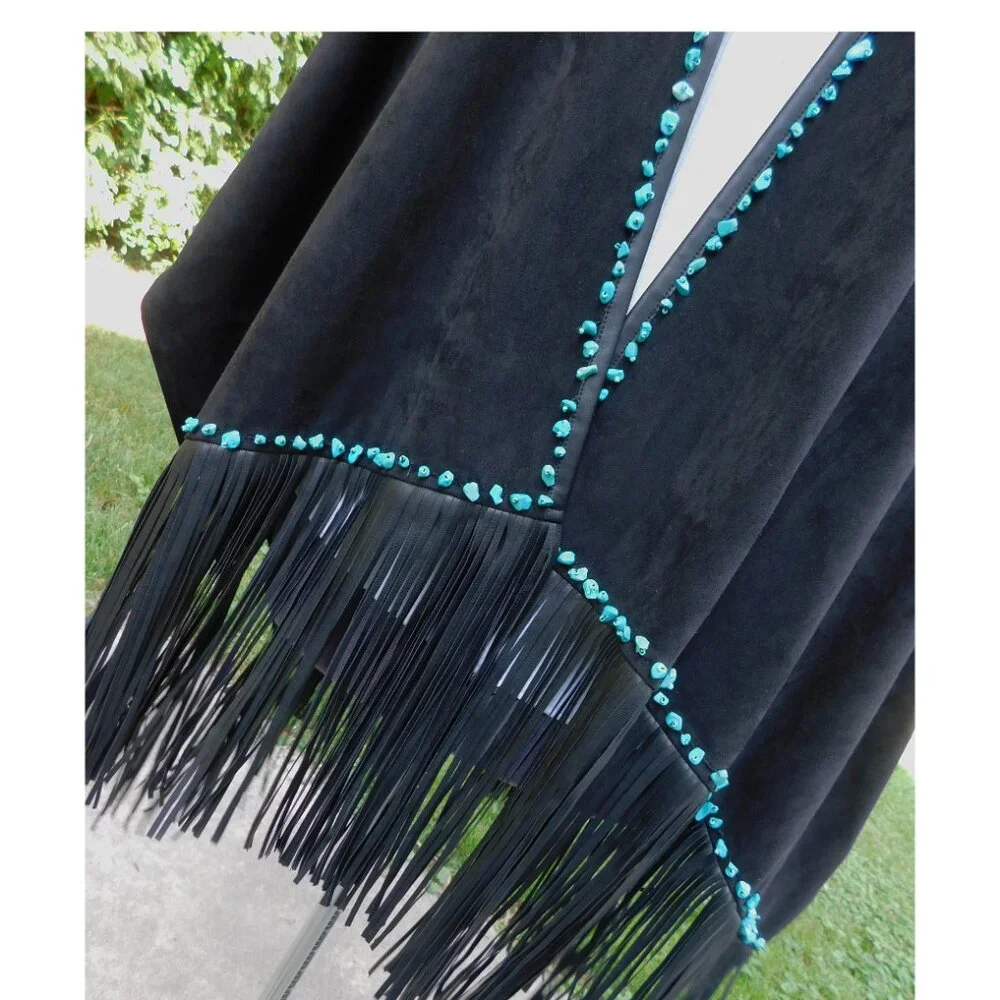 Black Thick Faux Suede and Leather Fringe Boho Poncho  Turquoise Stone Beads O/S - Picture 3 of 6